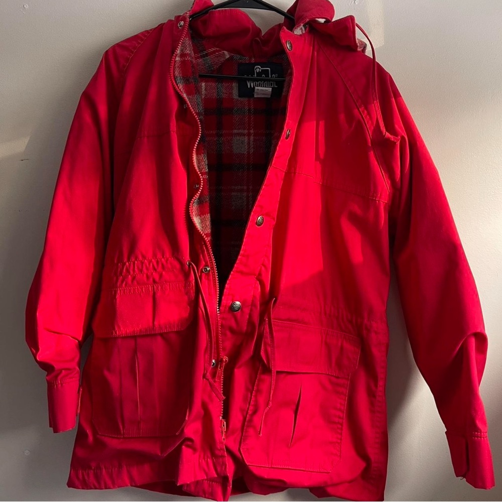 Vintage 1980s Woolrich Red Mountain Parka Jacket with Plaid Wool Lining (Size M)